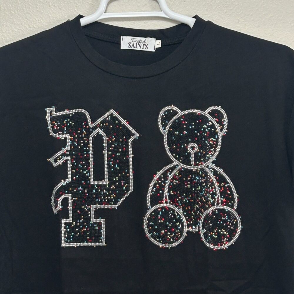 Twisted Saints Bear T-Shirt Mens L Black Crew Neck Short Sleeve Rhinestone